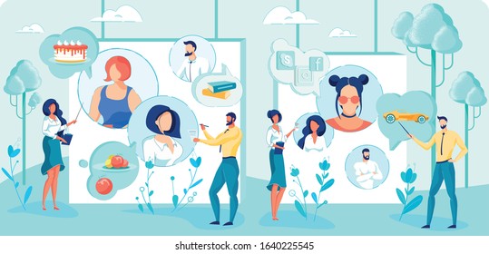 Method for Driving Sales. Professional SMM Team Creating Target Customers Profiles in Frame Product Promotion Campaign. Different People in Social Media Networks as Audience for Advertising.