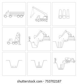 Method statement of construction pile driving and foundation work icons, Vector, Illustration