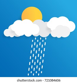 the method of vector origami in the form of clouds on a blue sky background with rain and sun