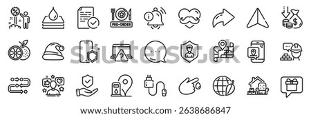 Methodology, Information bell and Pre-order food line icons pack. Share, Message, Paper plane icons. Environment day, Blood donation, Map web icon. Vector