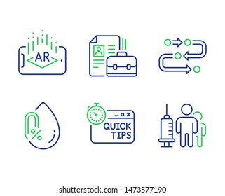 Methodology, Vacancy and Quick tips line icons set. Augmented reality, No alcohol and Medical vaccination signs. Development process, Hiring job, Helpful tricks. Phone simulation. Vector