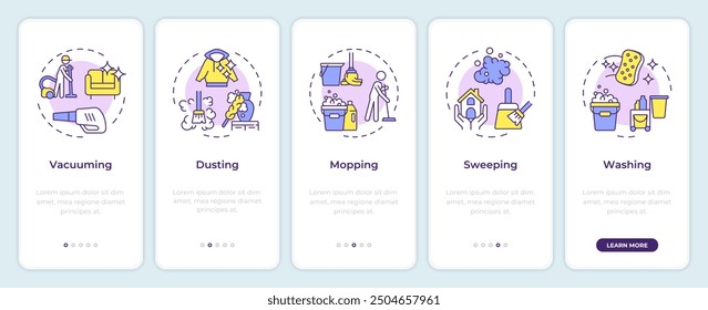 Methods of cleaning onboarding mobile app screen. Walkthrough 5 steps editable graphic instructions with linear concepts. UI, UX, GUI template
