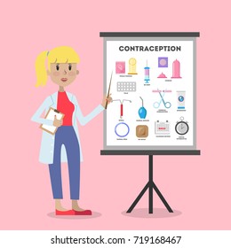 Methods of contraception. Female doctor explaining board.
