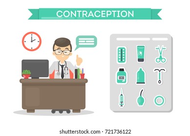 Methods of contraception. Male doctor explaining methods.