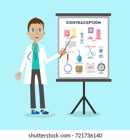 Methods of contraception. Male doctor explaining board.