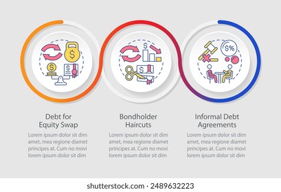 Methods of debt restructuring infographics circles sequence. Loan default, borrowing. Visualization layout with 3 steps. Info chart loop process presentation