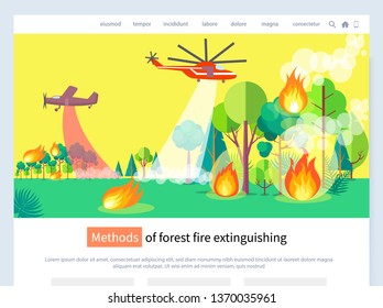 Methods of forest fire extinguishing vector, helicopters and flames in wood, trees and flora in dangerous condition, people fighting disaster. Website or webpage template, landing page flat style