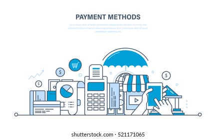 Methods and forms of payment, security of financial transactions. Illustration thin line design of vector doodles, infographics elements.