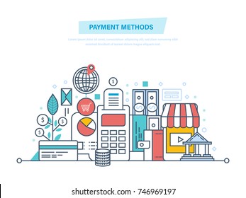 Methods and forms of payment, security of financial transactions. Concept for shopping, payment method, e-banking. Illustration thin line design of vector doodles, infographics elements.