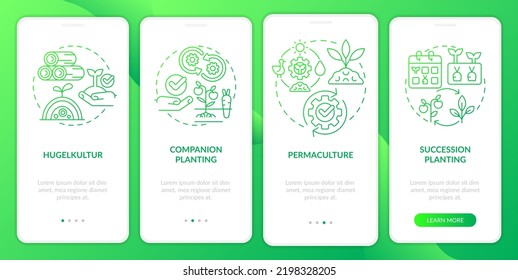 Methods of gardening green gradient onboarding mobile app screen. Planting walkthrough 4 steps graphic instructions with linear concepts. UI, UX, GUI template. Myriad Pro-Bold, Regular fonts used