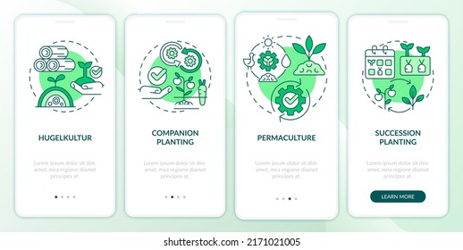 Methods of gardening green onboarding mobile app screen. Planting walkthrough 4 steps editable graphic instructions with linear concepts. UI, UX, GUI template. Myriad Pro-Bold, Regular fonts used