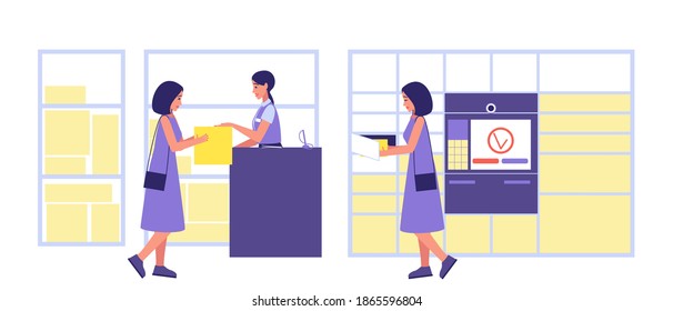 Methods for issuing ordered goods. The postman issues the package to the customer. A girl a buyer in an online store, picks up her order in a automated post station. Flat vector illustration.
