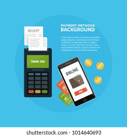 Methods payment concept. POS terminal confirm the payment. NFC payment. Online bank. Credit card. Cash. Vector illustration in flat style.