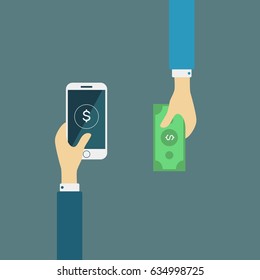 methods of payment Mobile banking and cash, flat vector illustration