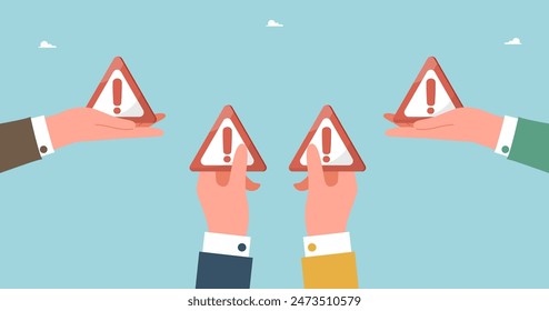 Methods and possibilities for solving difficult situation or problem, technical support, teamwork for analysis and prevention of unforeseen circumstances, big hands holding road danger signs.