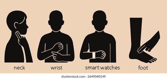 methods of pulse measurement.
An illustration of four silhouettes showing pulse measurement points: on the neck, wrist, using a smartwatch and on the leg, a guide to heart rate monitoring.