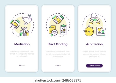 Methods of resolving impasses onboarding mobile app screen. Walkthrough 3 steps editable graphic instructions with linear concepts. UI, UX, GUI template