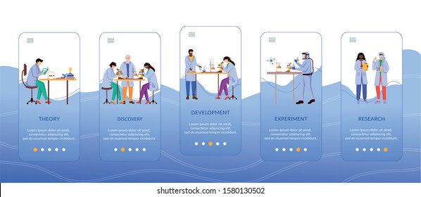 Métodos de investigación científica sobre el embarque de la plantilla vectorial de la aplicación móvil. Trabajo científico. Recorrido de los pasos del sitio web con caracteres planos. UX, UI, concepto de interfaz de interfaz de caricatura de smartphone GUI