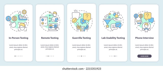 Methods For Usability Testing Onboarding Mobile App Screen. Research Walkthrough 5 Steps Editable Graphic Instructions With Linear Concepts. UI, UX, GUI Template. Myriad Pro-Bold, Regular Fonts Used