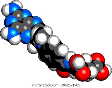 Methotrexate cancer chemotherapy and immunosuppressive drug molecule. 3D rendering. Atoms are represented as spheres with conventional color coding: hydrogen (white), carbon (black), nitrogen (blue),.