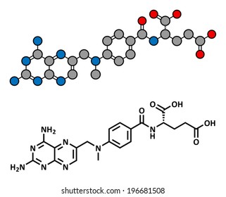 Methotrexate cancer chemotherapy and immunosuppressive drug, chemical structure. Conventional skeletal formula and stylized representation, showing atoms (except hydrogen) as color coded circles. 