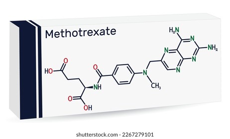 Methotrexate, MTX molecule. It is antineoplastic drug, used the treatment of  cancer, psoriasis, rheumatoid arthritis. Skeletal chemical formula. Paper packaging for drugs. Vector illustration