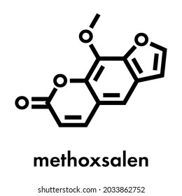 Methoxsalen (psoralen) skin disease drug molecule. Used in PUVA therapy in combination with UVA radiation. Skeletal formula.