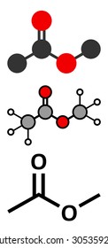 Methyl acetate solvent molecule. Stylized 2D renderings and conventional skeletal formula.