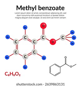 Methyl benzoate, organic compound, molecular structure formula, ball-and-stick model, suitable for education or chemistry science content. Vector illustration