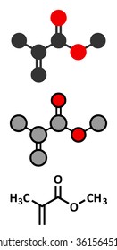Methyl methacrylate molecule, poly(methyl methacrylate) or acrylic glass building block. Stylized 2D renderings and conventional skeletal formula. 