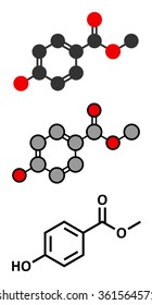 Methyl paraben preservative molecule. Stylized 2D renderings and conventional skeletal formula. 