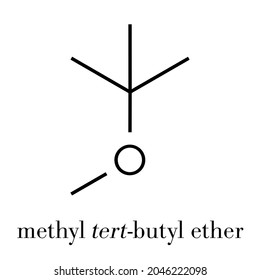 Methyl tert-butyl ether (MTBE, tBME) gasoline additive molecule. Skeletal formula.