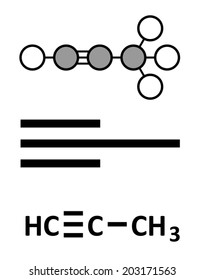 Methylacetylene (propyne) molecule. Used in welding gas and rocket fuel. Stylized 2D rendering and conventional skeletal formulae.