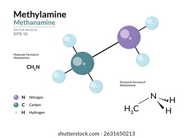 Methylamine. Methanamine. Structural Chemical Formula and 3d Model of Molecule. CH5N. Atoms with Color Coding. Vector graphic Illustration for educational materials, scientific articles, presentations - Powered by Shutterstock - Get 15% off with code: PIKWIZARD15