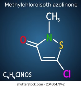 Methylchloroisothiazolinone, MCI molecule. It is Isothiazolinone, powerful biocide and preservative with antibacterial, antifungal properties. Structural chemical formula on the dark blue background.  svg