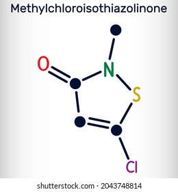 Methylchloroisothiazolinone, MCI molecule. It is Isothiazolinone, powerful biocide and preservative with antibacterial, antifungal properties. Skeletal chemical formula. Illustration svg