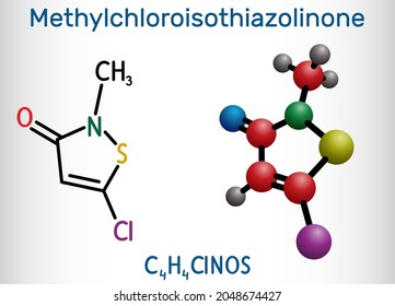 Methylchloroisothiazolinone, MCI molecule. It is Isothiazolinone, powerful biocide and preservative with antibacterial, antifungal properties. Structural chemical formula, molecule model. Vector  svg