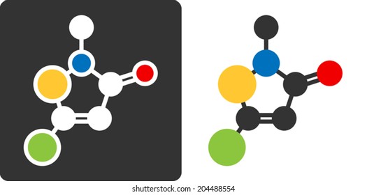 Methylchloroisothiazolinone preservative molecule, flat icon style. Atoms shown as color-coded circles (oxygen - red, carbon - white/grey, sulfur - yellow, nitrogen - blue, chlorine - green, etc) svg