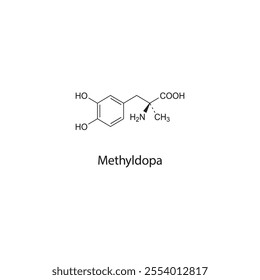 Methyldopa flat skeletal molecular structure Dopaminergic agent drug used in hypertension treatment. Vector illustration scientific diagram.