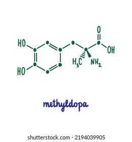 Methyldopa, handgezeichnet, von der Vektorformel gezeichnete chemische Struktur, die den blauen hohen Bluthochdruck ausdrückt
