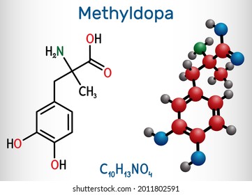 Methyldopa Molecule. Antihypertensive, Antihypertensive, Sympatholytic Agent. It Is An Analog Of DOPA. Structural Chemical Formula And Molecule Model. Vector Illustration