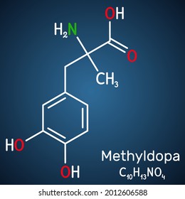 Methyldopa Molecule. Antihypertensive, Antihypertensive, Sympatholytic Agent. It Is An Analog Of DOPA. Structural Chemical Formula On The Dark Blue Background. Vector Illustration