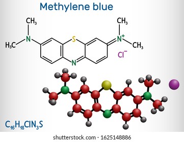 Methylene blue, methylthioninium chloride, C16H18ClN3S molecule. It is used to treat to treat methemoglobinemia. Structural chemical formula and molecule model. Vector illustration