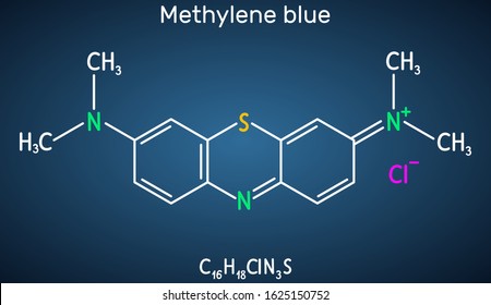 Methylene blue, methylthioninium chloride, C16H18ClN3S molecule. It is used to treat to treat methemoglobinemia. Structural chemical formula on the dark blue background. Vector illustration