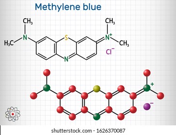 Methylene blue, methylthioninium chloride, C16H18ClN3S molecule. It is used to treat to treat methemoglobinemia. Sheet of paper in a cage. Structural chemical formula and molecule model