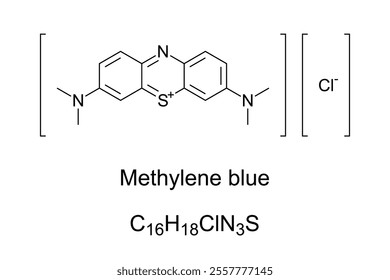 Methylene blue, methylthioninium chloride, chemical formula and molecular structure. A salt used as a dye and as a medication, mainly to reduce the ferric iron in hemoglobin to ferrous iron. Vector