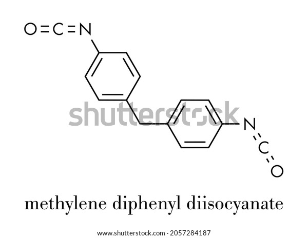 Methylene diphenyl diisocyanate\
molecule (MDI), polyurethane (PU) building block. Skeletal\
formula.