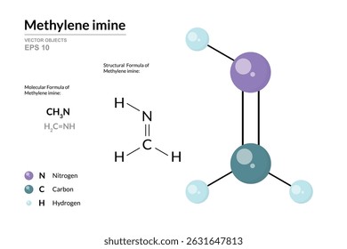 Methylene Imine. Structural Chemical Formula and 3d Model of Molecule. CH3N. Atoms with Color Coding. Vector graphic Illustration for educational materials, scientific articles, and presentations
