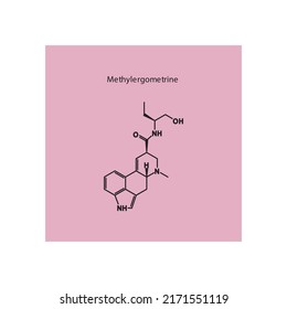 Methylergometrine molecule flat skeletal structure, Ergot class drug used to treat migraine. Vector illustration on pink background.