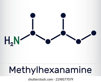 Metilhexanamina, metilhexaminar, dimetilamina, molécula DMAA. Es alcalina, fármaco simpaticomimético indirecto. Fórmula química esquelética. Ilustración del vector